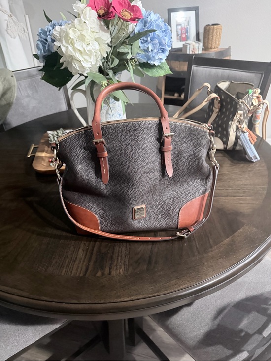 Dooney & Bourke Handbags - Dooney & Bourke Dark Brown Pebbled Leather Satchel with Tan Accents